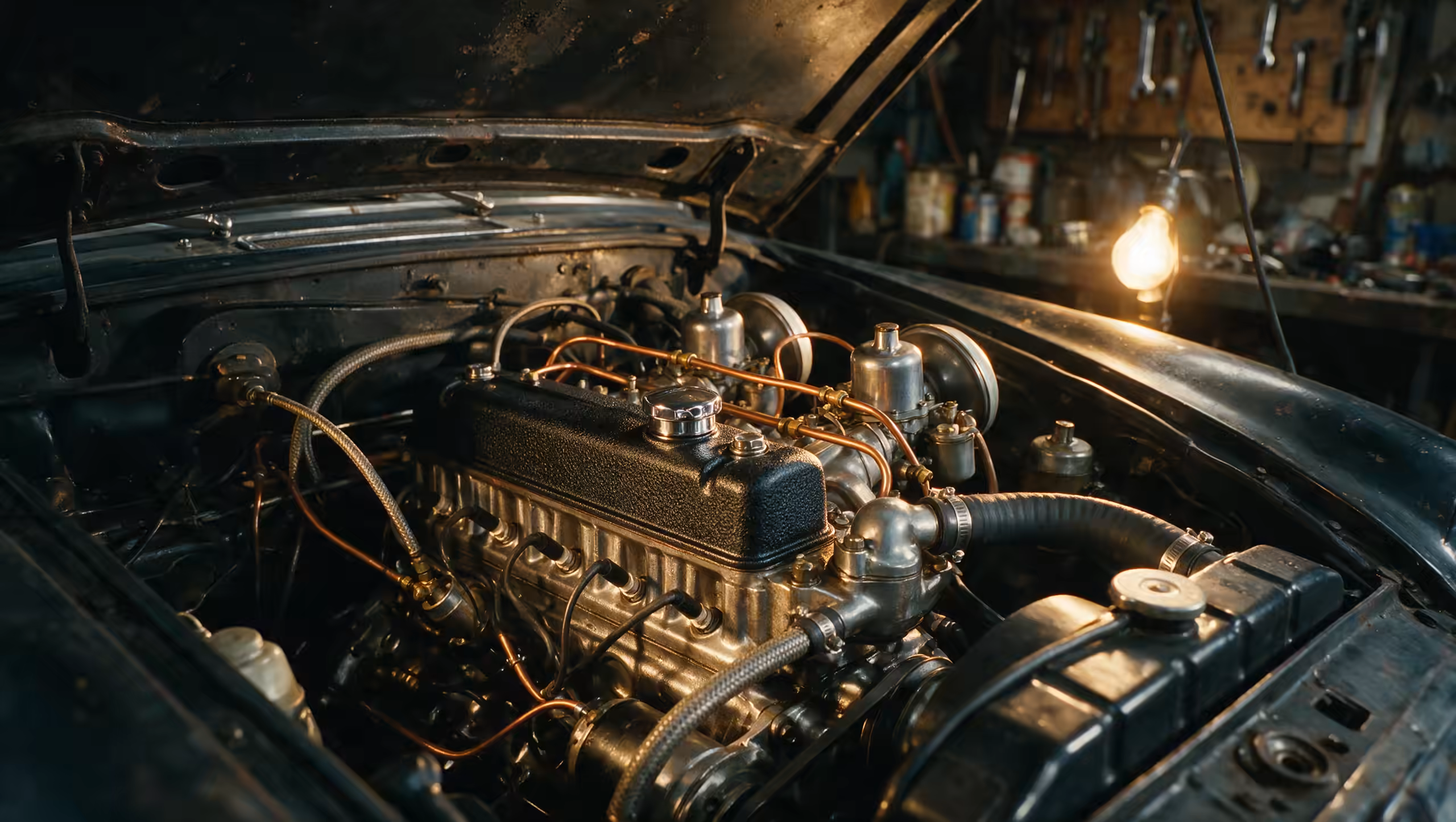 The polished engine of a vintage car under a propped bonnet, lit by a single workshop lamp