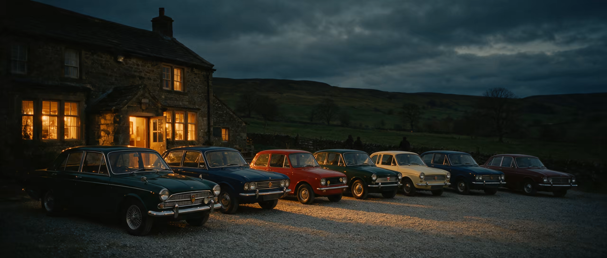 Club cars lined up outside a Dales pub on a meet evening