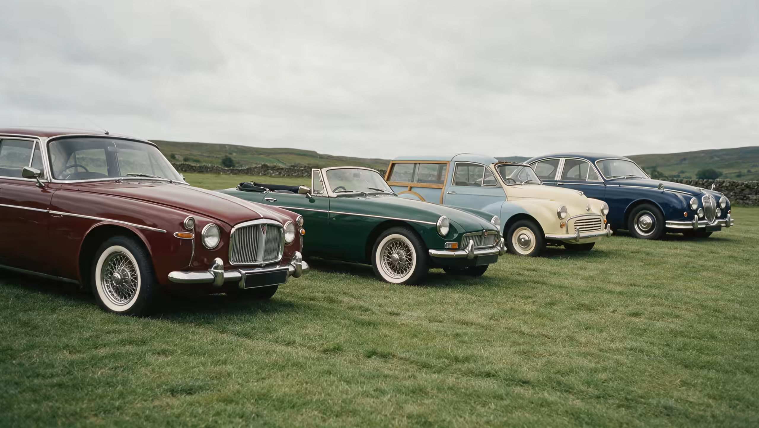 A row of mixed British classics parked on the grass at a show, dry stone walls and fells behind